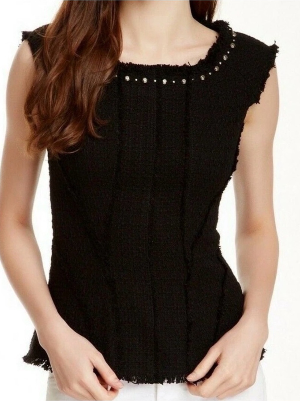 Rebecca Taylor tweed black sleeveless round neck blouse metallic embellishments